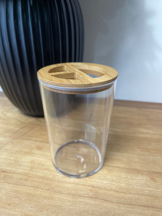 Bamboo cut out lid and clear brush holder 11.2cm x 7.8cm